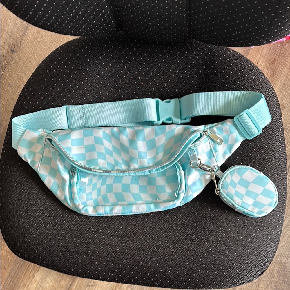 Stylish Aqua Checkered Waist Bag with Coin Pouch